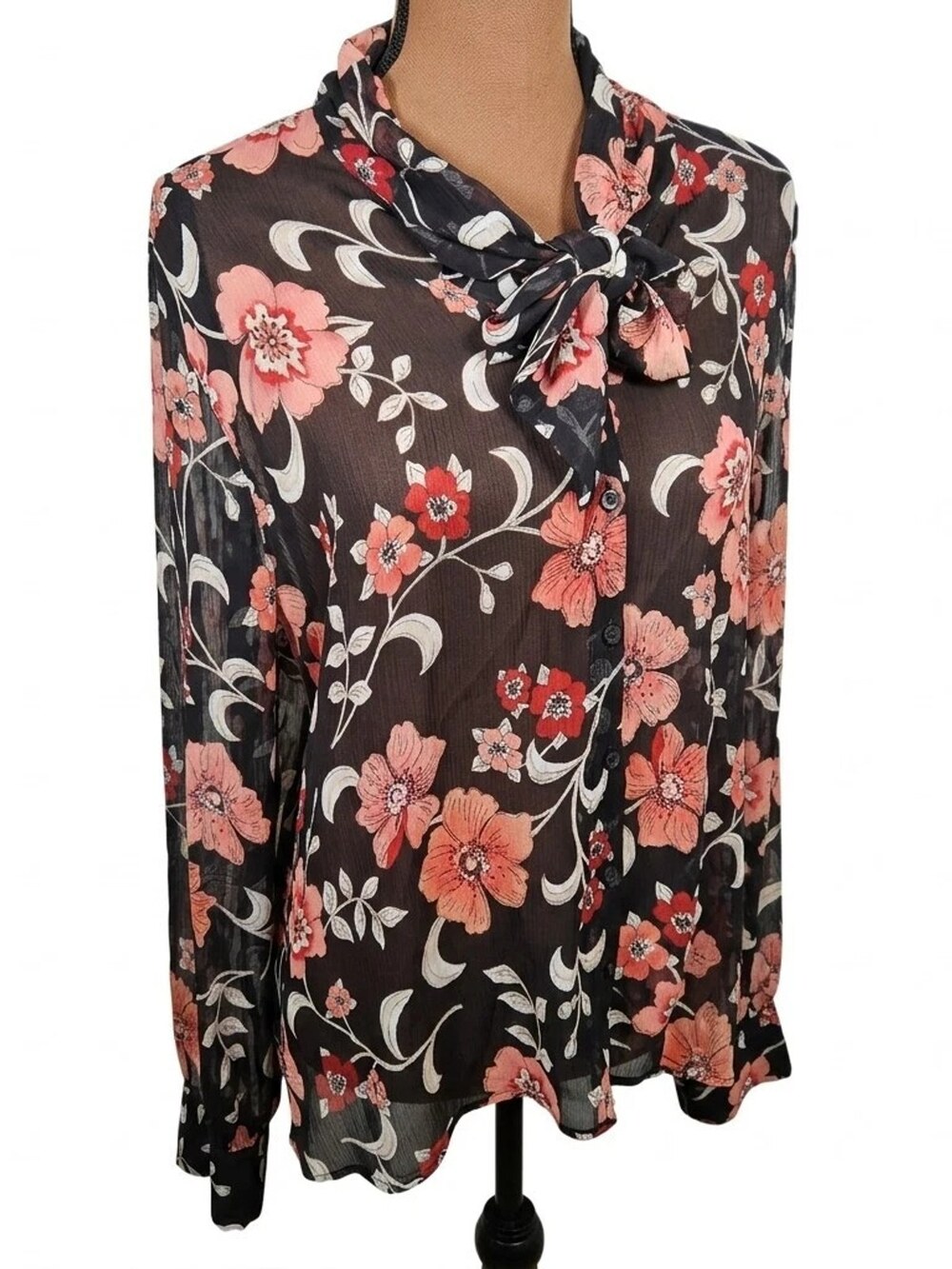 Talbots Pure Silk Blouse Black Floral Print Tie Neck Long Sleeve Women's Size 16